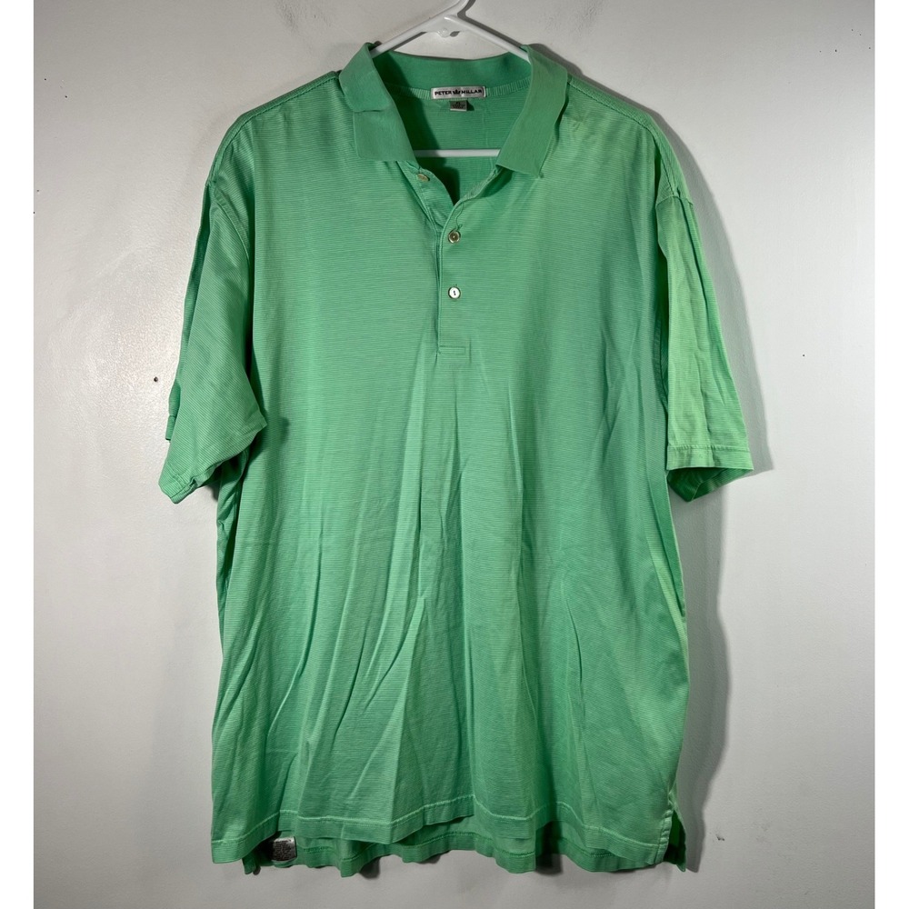 Mens Peter Millar Micro Striped Cotton Polo Shirt Green White Short Sleeve XL